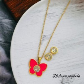 Conjunto acero inoxidable mariposa fiusha piedra blanca