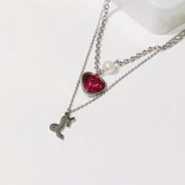Collar 2 lienzos acero inoxidable corazón coral