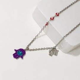 Collar color plata acero inoxidable mano Fátima morada