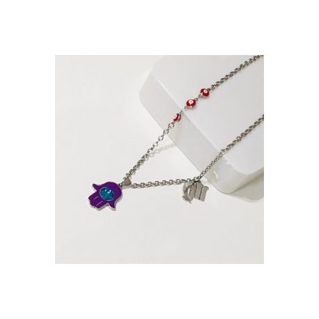 Collar color plata acero inoxidable mano Fátima morada