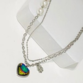 Collar 2 lienzos acero inoxidable corazón tornasol metálico