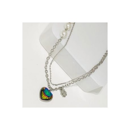 Collar 2 lienzos acero inoxidable corazón tornasol metálico