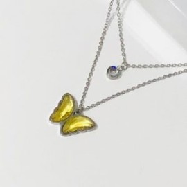 Collar 2 lienzos acero inoxidable mariposa amarillo ámbar