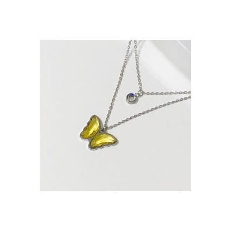 Collar 2 lienzos acero inoxidable mariposa amarillo ámbar