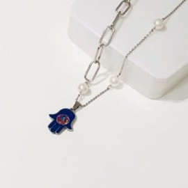 Collar color plata  acero inoxidable mano Fátima azul