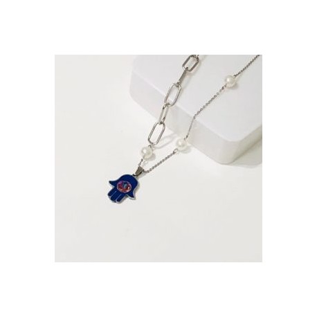 Collar color plata  acero inoxidable mano Fátima azul