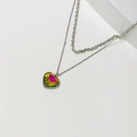 Collar 2 lienzos acero inoxidable corazón  tornasol verde