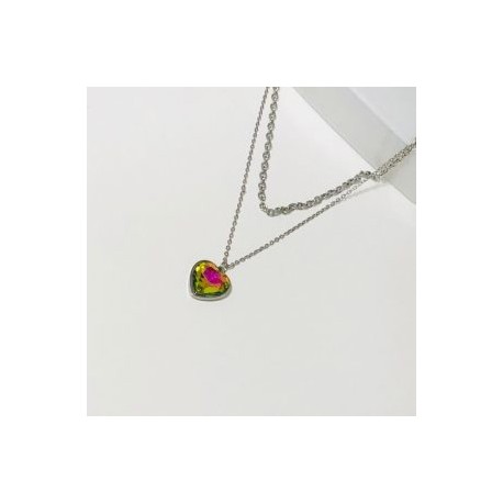 Collar 2 lienzos acero inoxidable corazón  tornasol verde
