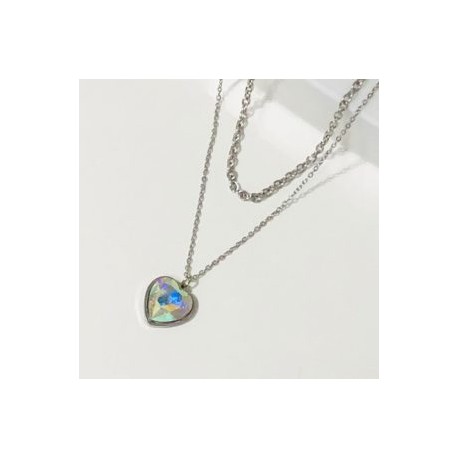 Collar 2 lienzos acero inoxidable corazón  tornasol blanco