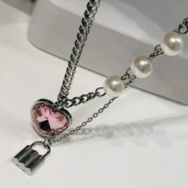 Collar acero inoxidable perla candado corazón rosa