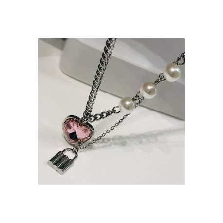 Collar acero inoxidable perla candado corazón rosa