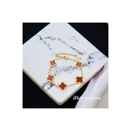 Pulsera dorada acero inoxidable trebol rojo