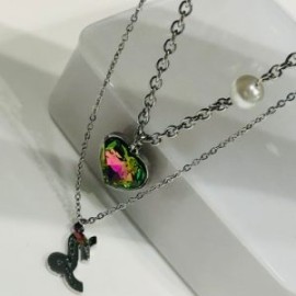 Collar 2 lienzos acero inoxidable corazón tornasol