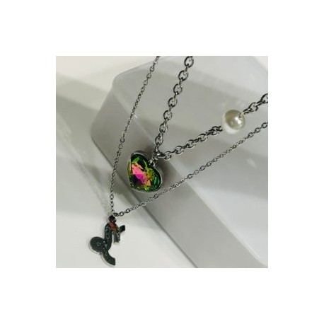 Collar 2 lienzos acero inoxidable corazón tornasol