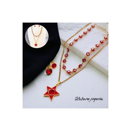 Collar dorado 2 lienzos acero inoxidable ojo rojo estrella