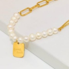 Collar dorado acero inoxidable perla placa Luck