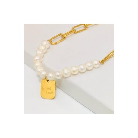 Collar dorado acero inoxidable perla placa Luck