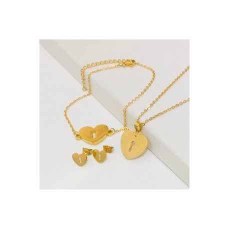 Conjunto acero inoxidable pulsera y aretes corazón llave