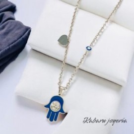 Collar color plata acero inoxidable mano de Fátima azul