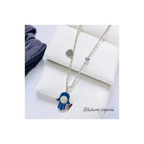 Collar color plata acero inoxidable mano de Fátima azul