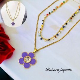 Collar 2 lienzos rosa acero inoxidable flor purpura