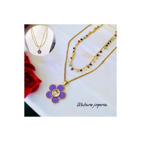 Collar 2 lienzos rosa acero inoxidable flor purpura