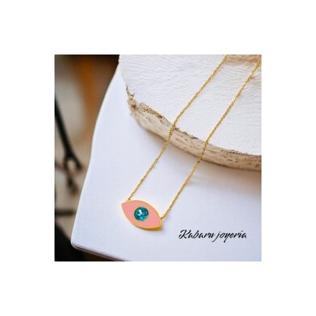 Collar dorado acero inoxidable ojo turco rosa