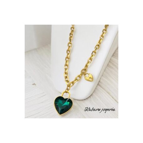 Collar dorado acero inoxidable corazón cristal verde