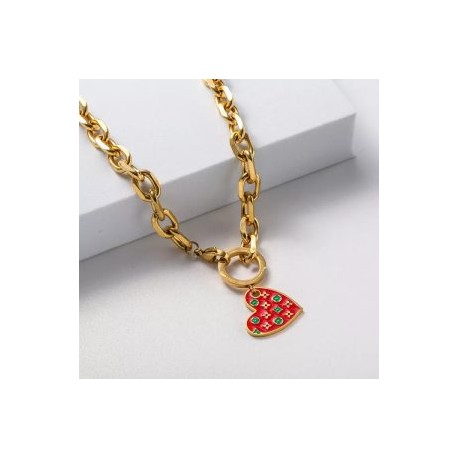 Collar dorado grueso acero inoxidable corazón rojo