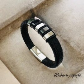 Pulsera caballero de cuero negro con plata casual