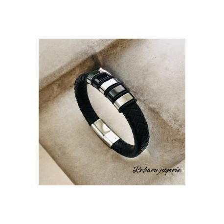 Pulsera caballero de cuero negro con plata casual