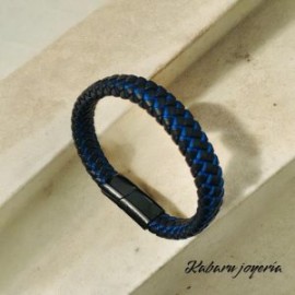 Pulsera caballero cuero negro hilo azul básica