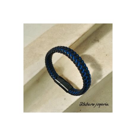 Pulsera caballero cuero negro hilo azul básica