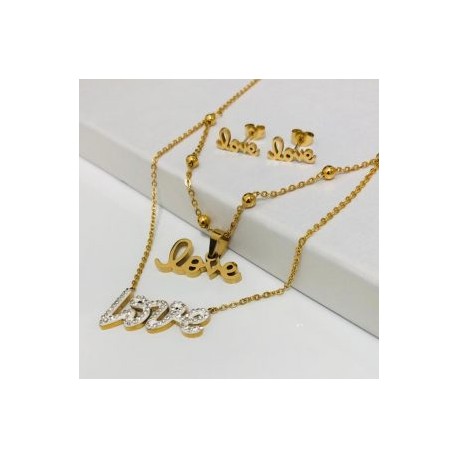 Conjunto dorado acero inoxidable love empastado