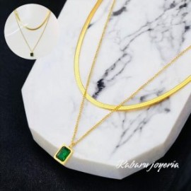 Collar 2 lienzos dorado acero inoxidable piedra verde