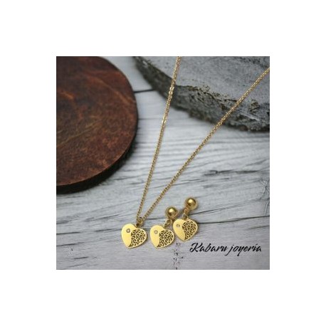 Conjunto mujer acero inoxidable dorado corazones
