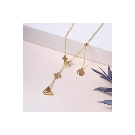 Collar acero inoxidable dorado trébol V colgante