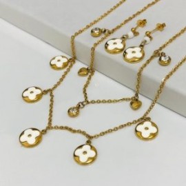 Conjunto mujer acero inoxidable multicapas dijes flor blanca