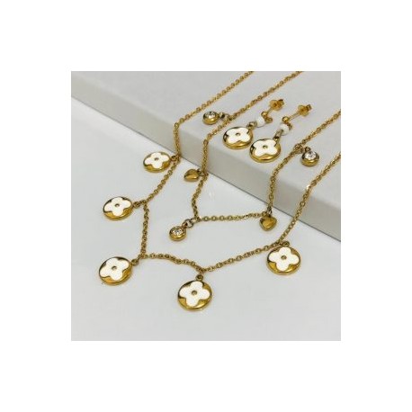 Conjunto mujer acero inoxidable multicapas dijes flor blanca