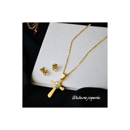 Conjunto cruz perla acero inoxidable 316L