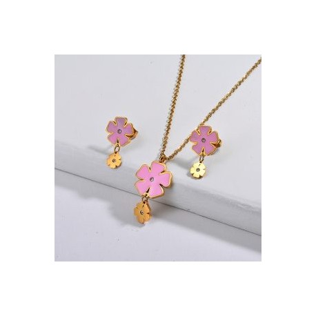 Conjunto mujer acero inoxidable trebol rosa