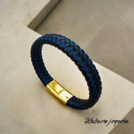 Pulsera caballero de cuero negro hilo azul basica
