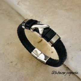 Pulsera caballero de cuero negro con plata universal