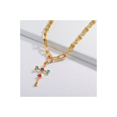 Collar acero dorado eslabones grandes con dije Cruz con piedras