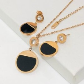 Collar y aretes mujer acero inoxidable rosa oro esmalte negro