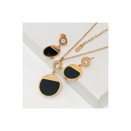 Collar y aretes mujer acero inoxidable rosa oro esmalte negro