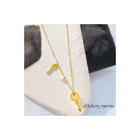 Collar dorado acero inoxidable llaves perla