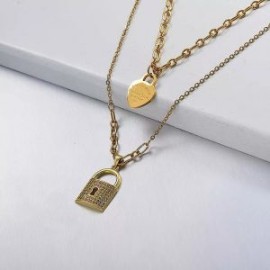 Collar 2 lienzos acero inoxidable corazón candado