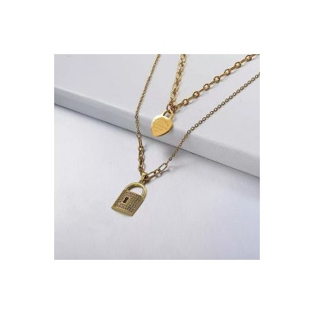 Collar 2 lienzos acero inoxidable corazón candado