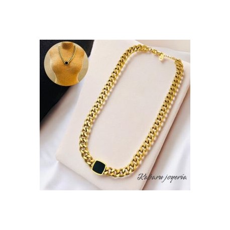 Collar dorado acero inoxidable piedra negra